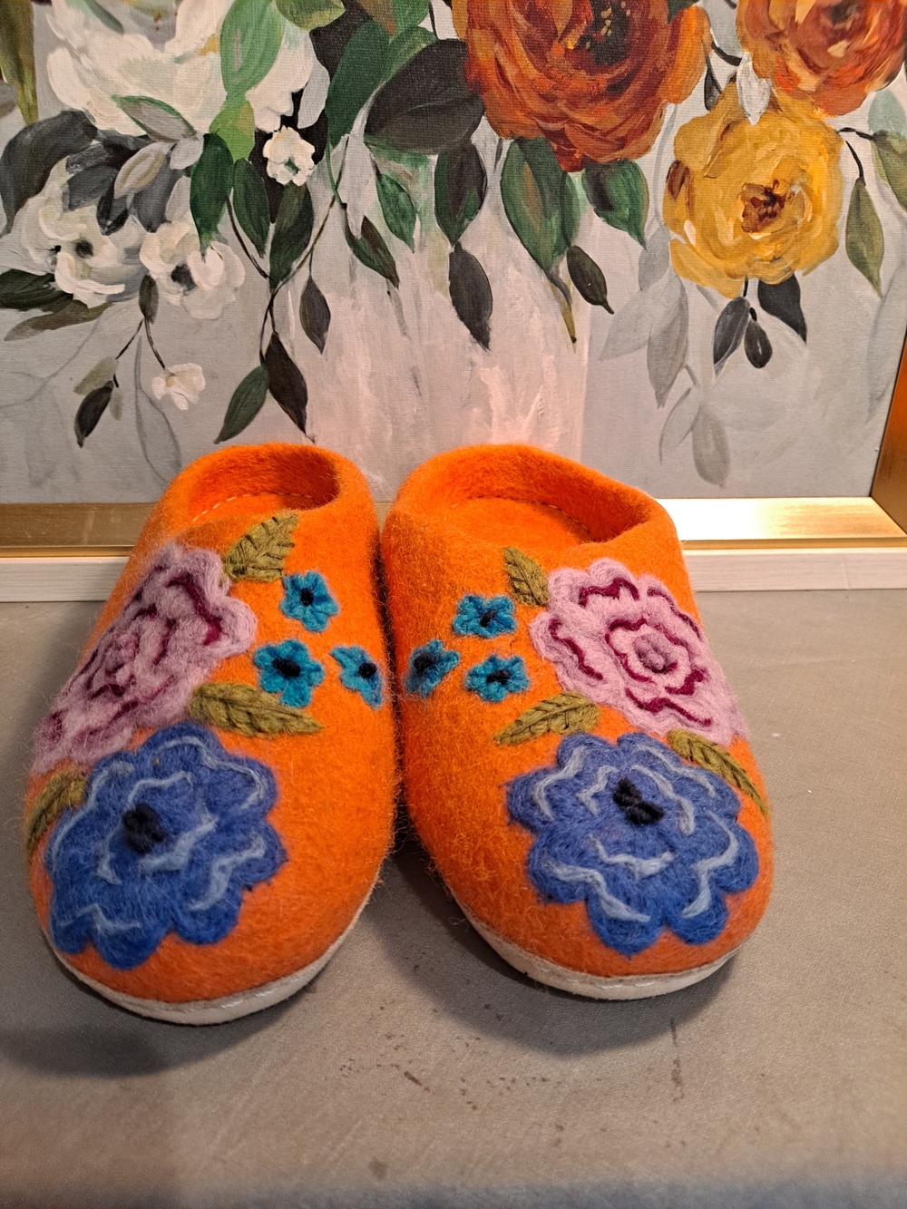 French Knot Dahlia Orange Floral Felted Wool Leather Slip-On Slippers Small 7-8